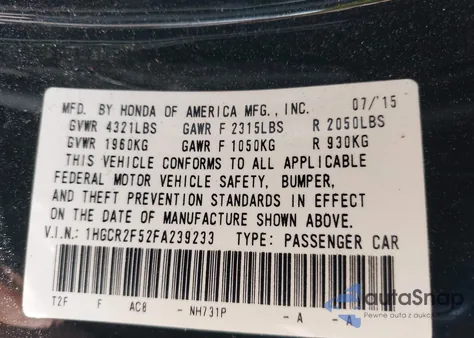 2015 Honda Accord Sport from USA, damaged, VIN 1HGCR2F52FA239233